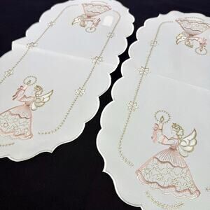 Set 2 German Embroidered Christmas Angels Table Runners 11x22 Pink Gold Thread